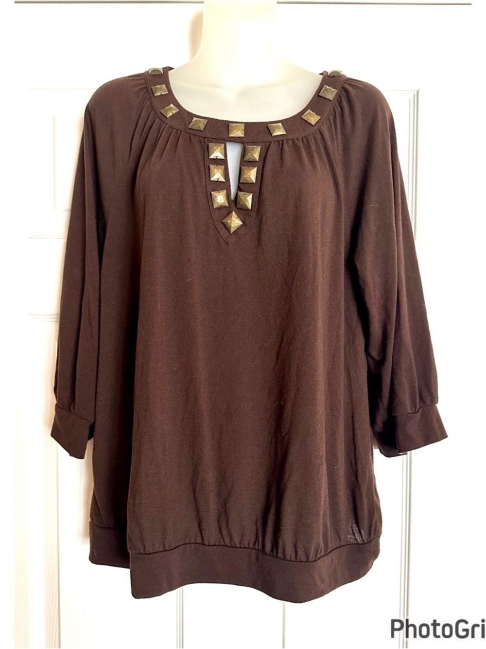 Brown Metal Stud-Detail Scoop Neck Top